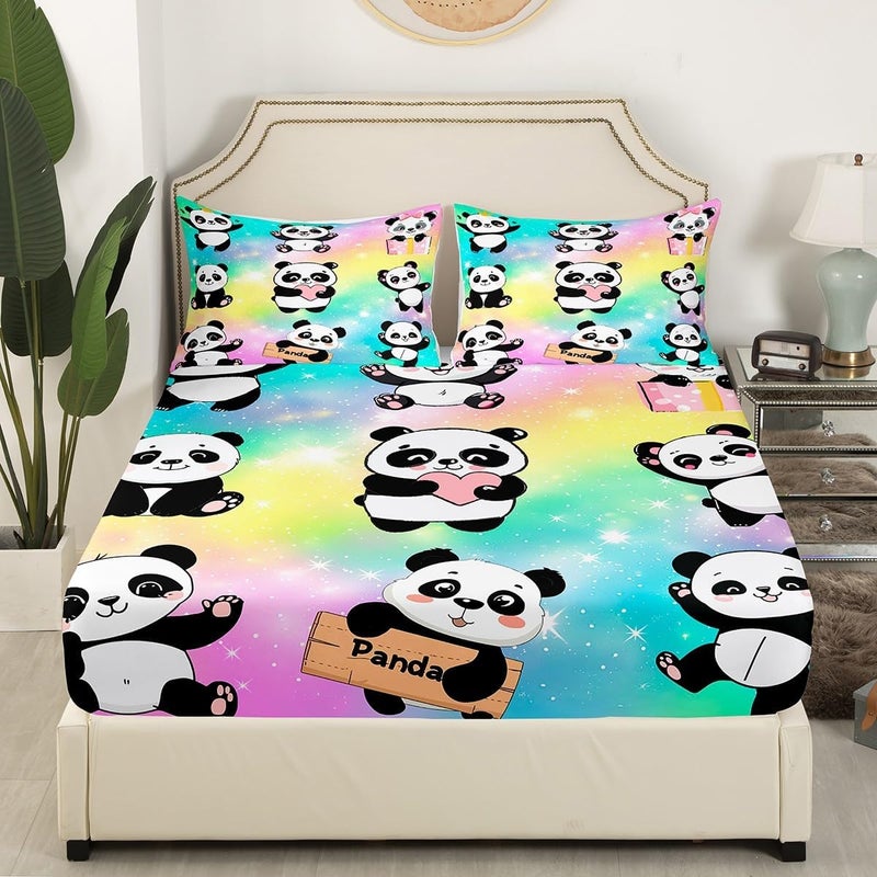 Erosebridal Cute Panda Bed Sheets for Girls Boys Rainbow Galaxy Twin Size Sheet Sets for Kids Toddler Glitter Stars Sheets Kawaii Cartoon Animal Flat Sheet Bedroom Decor 3 Piece - Image 3