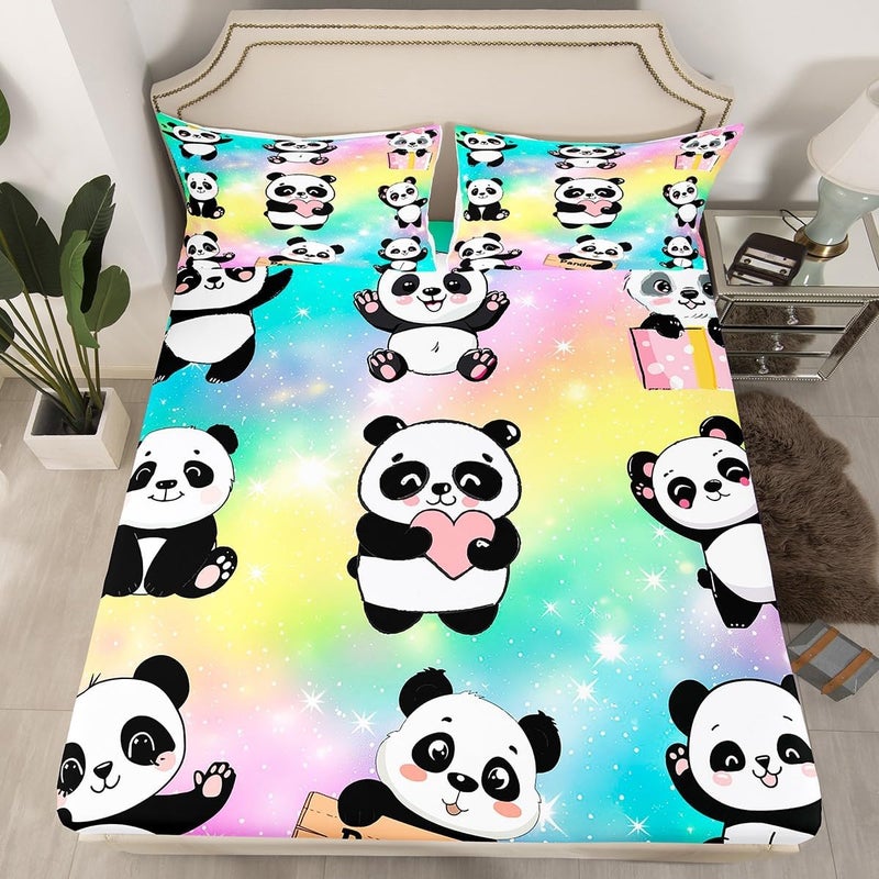Erosebridal Cute Panda Bed Sheets for Girls Boys Rainbow Galaxy Twin Size Sheet Sets for Kids Toddler Glitter Stars Sheets Kawaii Cartoon Animal Flat Sheet Bedroom Decor 3 Piece - Image 2