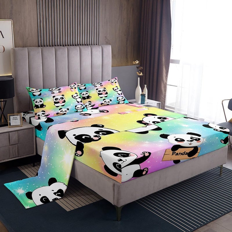 Erosebridal Cute Panda Bed Sheets for Girls Boys Rainbow Galaxy Twin Size Sheet Sets for Kids Toddler Glitter Stars Sheets Kawaii Cartoon Animal Flat Sheet Bedroom Decor 3 Piece - Image 1