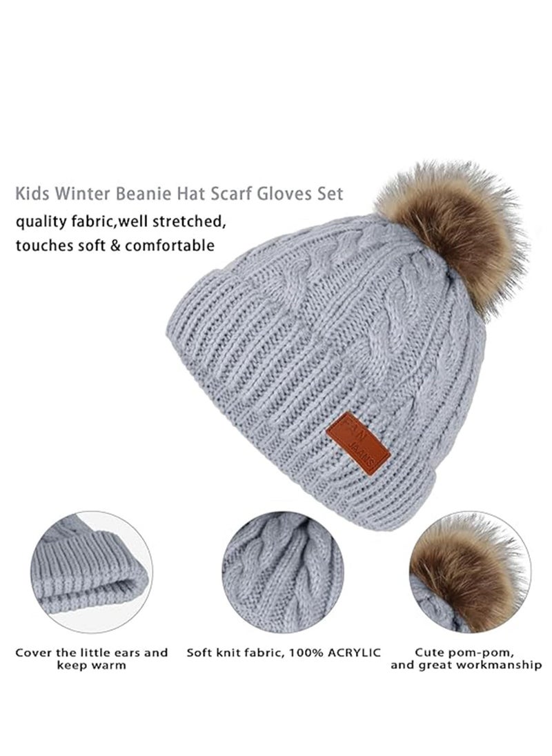 Furtey - Kids Hat Scarf Gloves Set, Kids Winter Beanie Hat Scarf Gloves Set with Knit Thick Warm Fleece Lined for 2-6 Years Old, Beige - Image 1