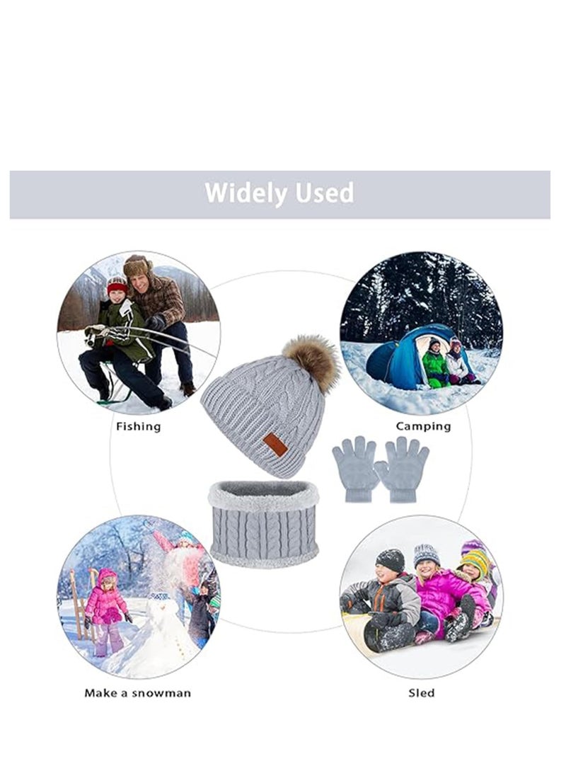 Furtey - Kids Hat Scarf Gloves Set, Kids Winter Beanie Hat Scarf Gloves Set with Knit Thick Warm Fleece Lined for 2-6 Years Old, Beige - Image 1