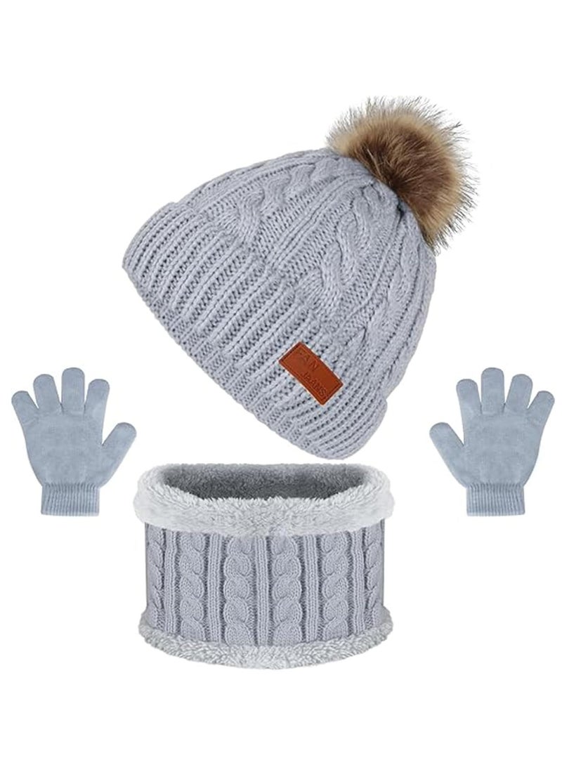 Furtey - Kids Hat Scarf Gloves Set, Kids Winter Beanie Hat Scarf Gloves Set with Knit Thick Warm Fleece Lined for 2-6 Years Old, Beige - Image 1