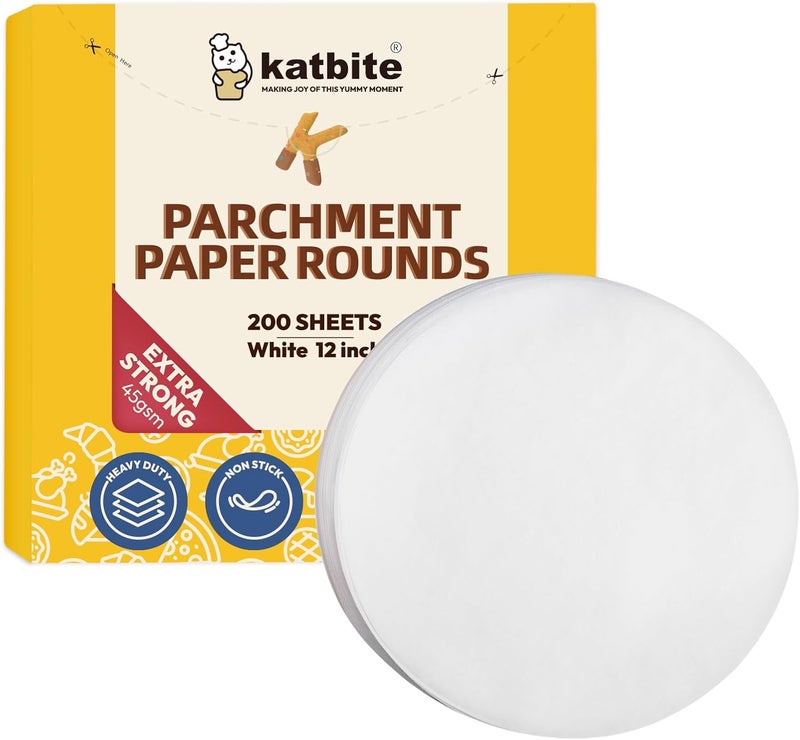 katbite 12 Inch 200Pcs Parchment Paper Rounds, Round Baking Sheets Paper for Patty Separating, Freezing, Springform Cake Tin, Toaster Oven, Tortilla Press - Image 1