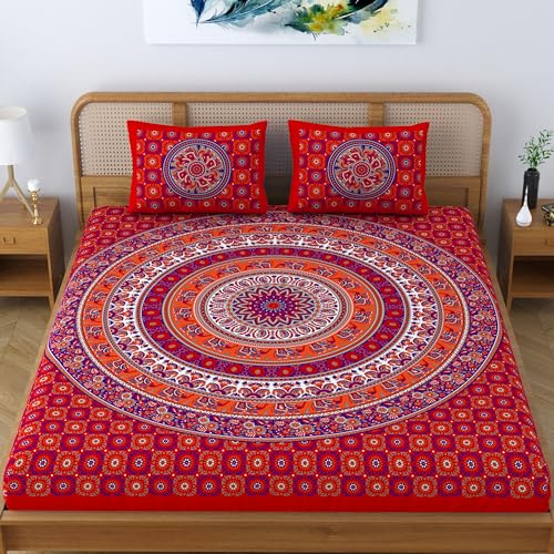 SheetKart Elephant Mandala 144 TC 100% Cotton Double King Size Bedsheet with 2 Pillow Covers, Red - Image 2