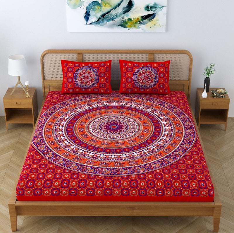 SheetKart Elephant Mandala 144 TC 100% Cotton Double King Size Bedsheet with 2 Pillow Covers, Red - Image 5