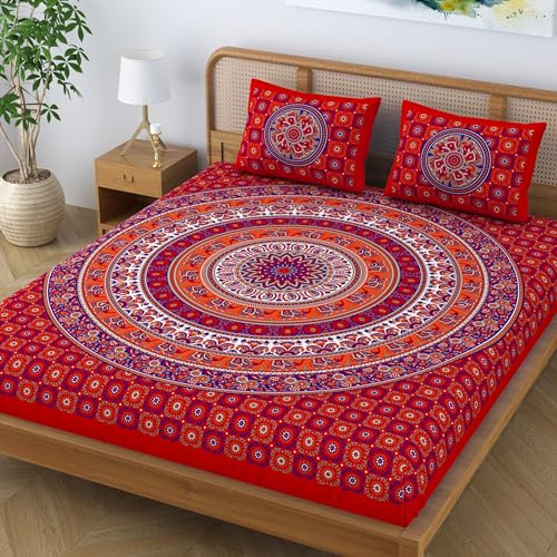 SheetKart Elephant Mandala 144 TC 100% Cotton Double King Size Bedsheet with 2 Pillow Covers, Red - Image 3