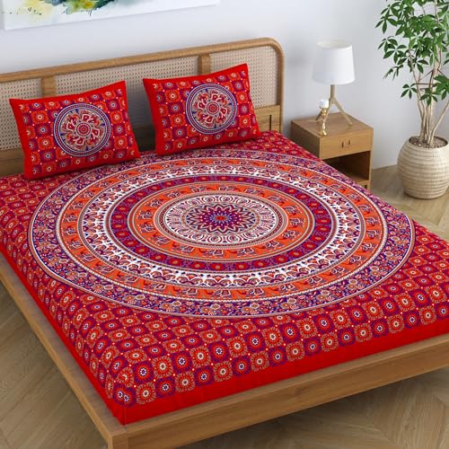 SheetKart Elephant Mandala 144 TC 100% Cotton Double King Size Bedsheet with 2 Pillow Covers, Red - Image 1