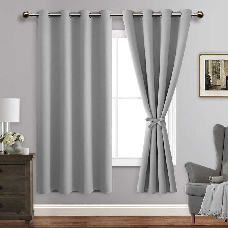 JIUZHEN Silver Grey Blackout Curtains with Tiebacks-Thermal Insulated  Light Blocking and Noise Reducing Grommet Curtain Drapes for Bedroom and Living Room  Set of 2 Curtain Panels  52x63 Inch Length - Image 1