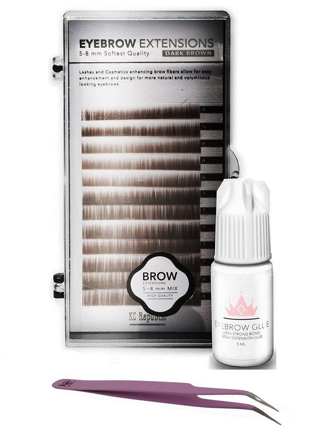 KC Republic Eyebrow Extensions Kit With 1 X Trays Of Mink Eyebrows In Dark Brown Comes On Mixed Length Trays 58 Mm Mix Eyebrow Extension Glue Clear & Extension Tweezers (Dark Brown Violet Tweezer) - Image 1