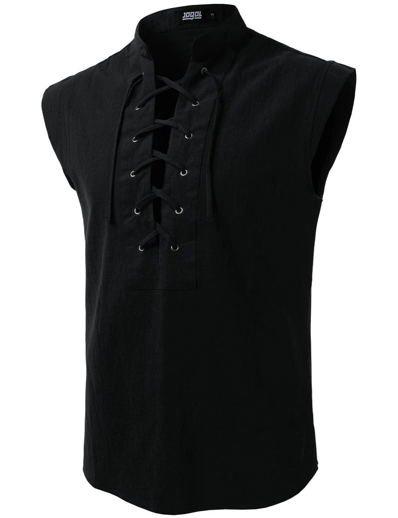 JOGAL Mens Renaissance Shirt Pirate Medieval Sleeveless Halloween Costume Steampunk Viking Lace-up Stand Collar Shirts Black Large - Image 4