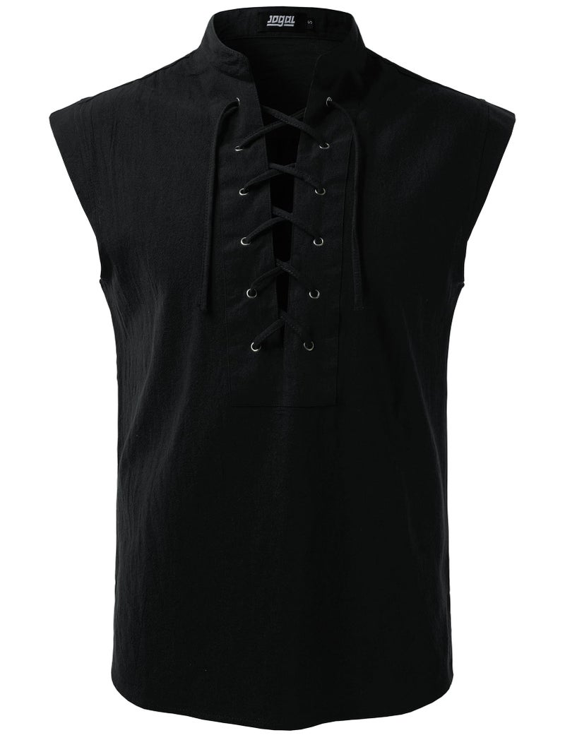 JOGAL Mens Renaissance Shirt Pirate Medieval Sleeveless Halloween Costume Steampunk Viking Lace-up Stand Collar Shirts Black Large - Image 1