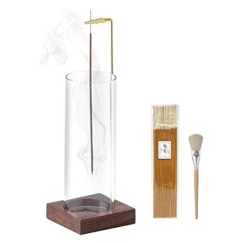 Ceremony Incense Holder, Wooden Incense Holder for Sticks with Glass Ash Catcher, Anti-ash Incense Burner with 20 Incense Sticks and a Ash Brush for Meditation Yoga Spa Room Decor - Image 1