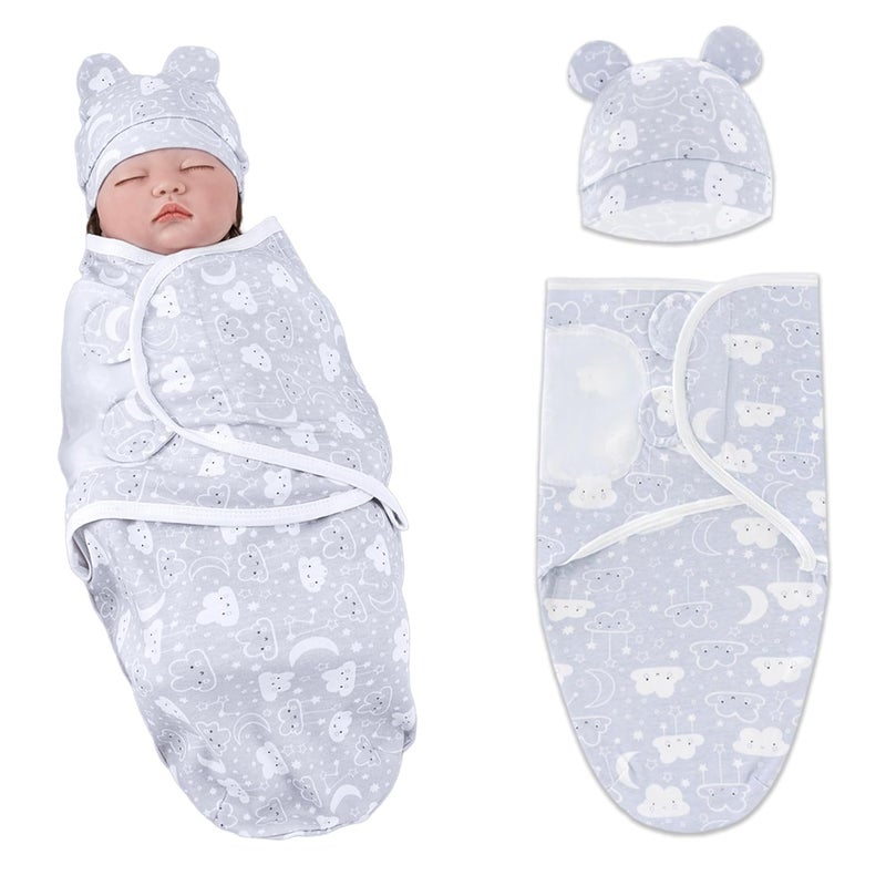 BEMBIKA Baby Swaddle Wraps Soft Cotton, Organic Cotton & Hooded Muslin Swaddle Wraps, Comfortable, Breathable & Safe Set of 2 -(0–3 Months | Toddler Smiley Cloud Design) - Image 1