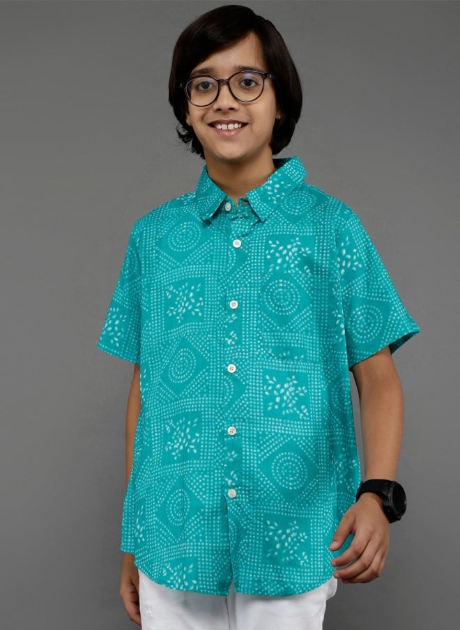 أيه كيه إس قميص كاجوال مطبوع باللون الأزرق الفيروزي للأولاد - Image 1