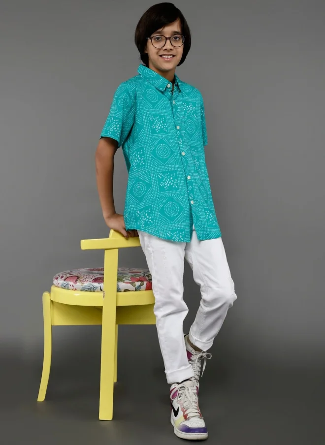 AKS Turquoise Blue Printed Casual Shirt for Boys