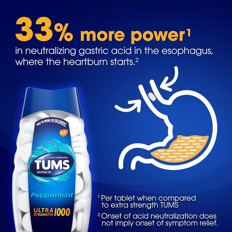 TUMS Ultra Strength Chewable Antacid Tablets for Heartburn Relief, Peppermint - 160 Count - Image 4