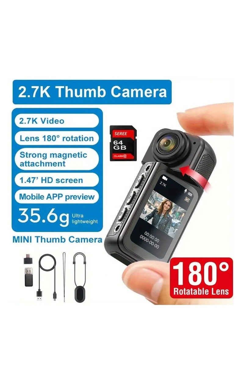 Anytek 2.7K Ultra HD Finger Action Camera with Magnetic Strap, 180° Rotatable Lens & 64GB Card – Lightweight Wearable POV Camera for Travel, Sports & Adventure 1.26oz, 1.47" IPS Screen, Mini Thumb Camera Design, Adventure Photography Compact Camera Design Durable Camera - Image 1