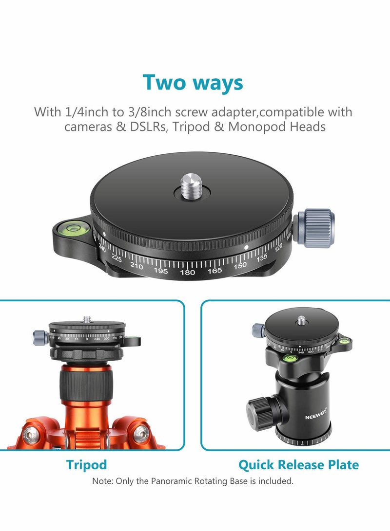 Camera Panoramic Panning Base with Arca Swiss Style Plate, 3/8" Screw Aluminum Alloy  Black Panorama Tripod Head Bubble Level for Monopod DSLR Cameras, Load Capacity 22 LBS - Image 3