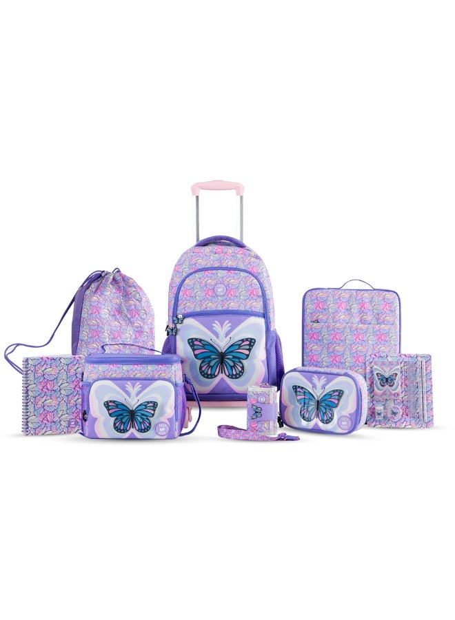 Eazy Kids Eazy Kids 18" Set of 9 Backpack w/ 4 Wheel Trolley, Lunch Bag and Pencil Case - 3D Butterfly Purple - Image 1