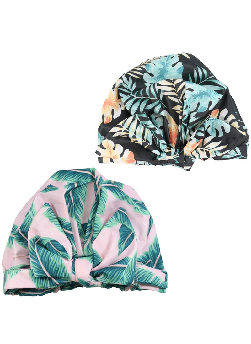 Generic Women Girls Shower Caps, Waterproof Reusable Shower Hair Caps Turban Shower Bath Caps for Long, Short and Curly Hair,Set of 2（plant）  - Image 1