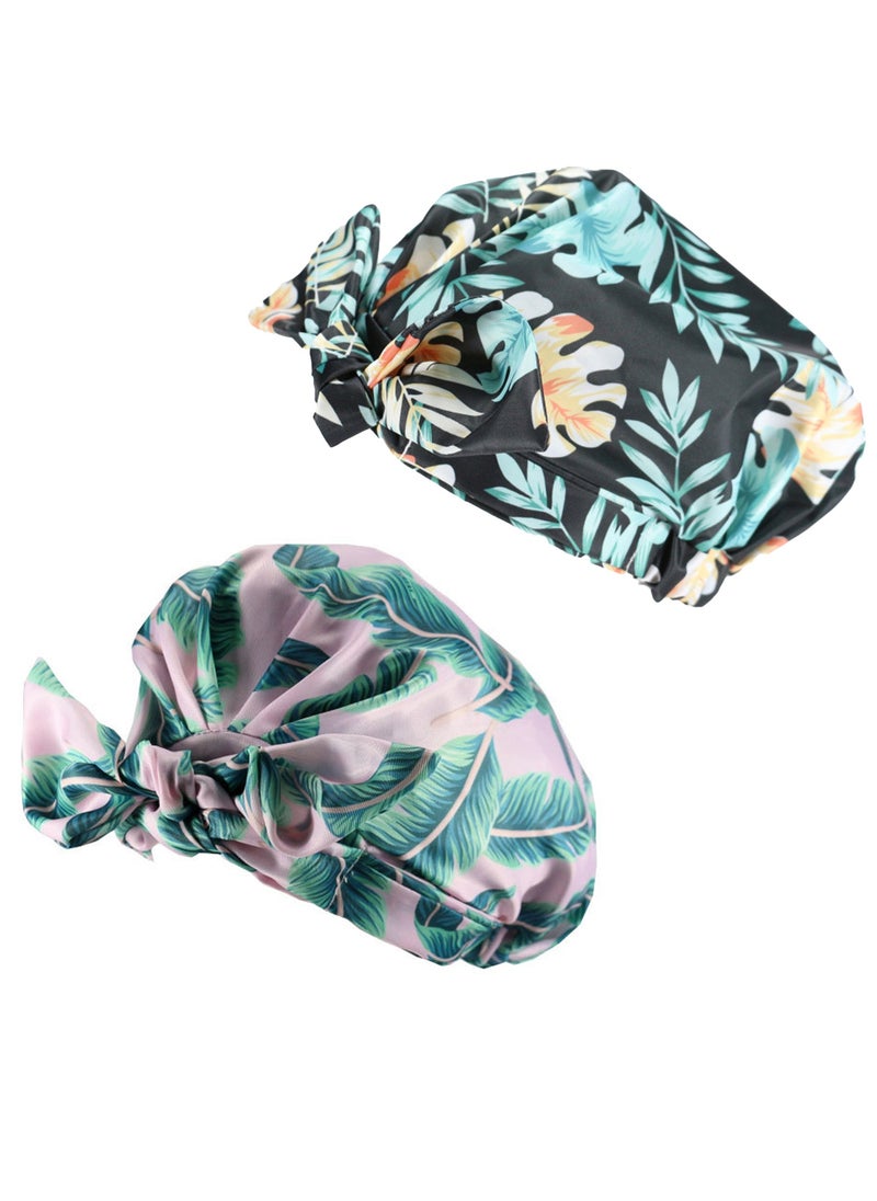 Generic Women Girls Shower Caps, Waterproof Reusable Shower Hair Caps Turban Shower Bath Caps for Long, Short and Curly Hair,Set of 2（plant）  - Image 2