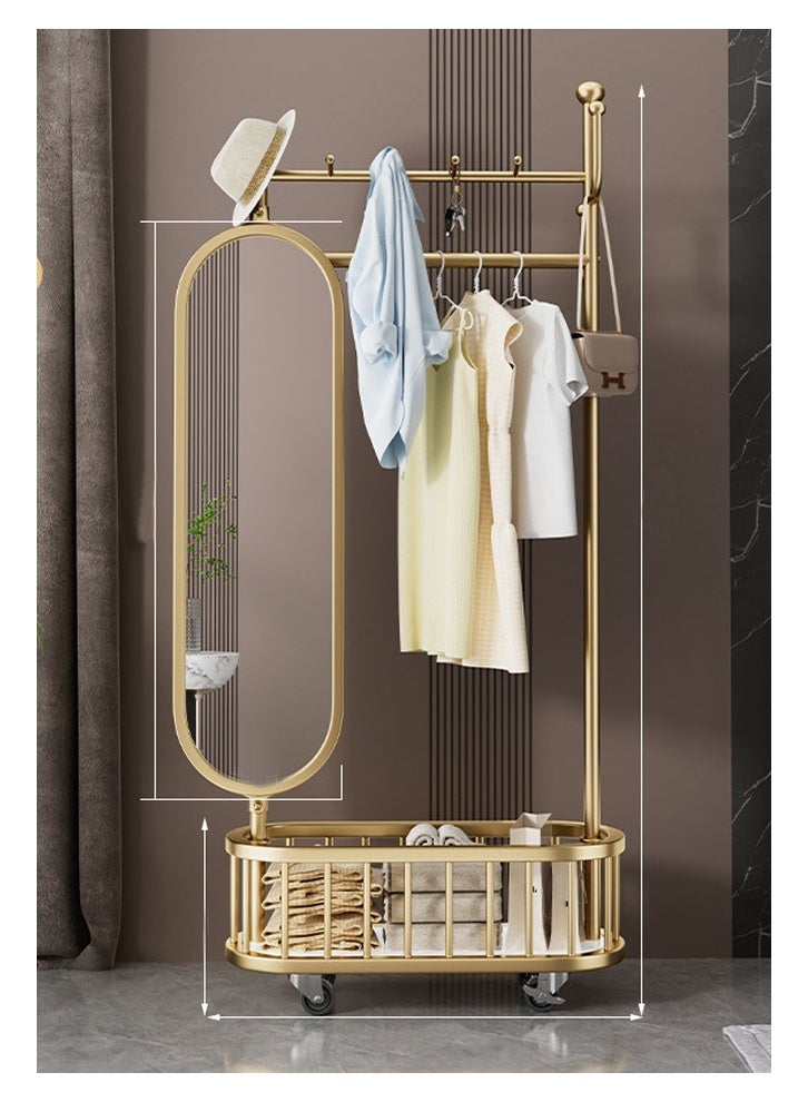 NKX Thickened Small Light Luxury Gold 60cm Coat Rack [Rotating Mirror, 4-Hook Storage Basket, Universal Wheels] - Image 1