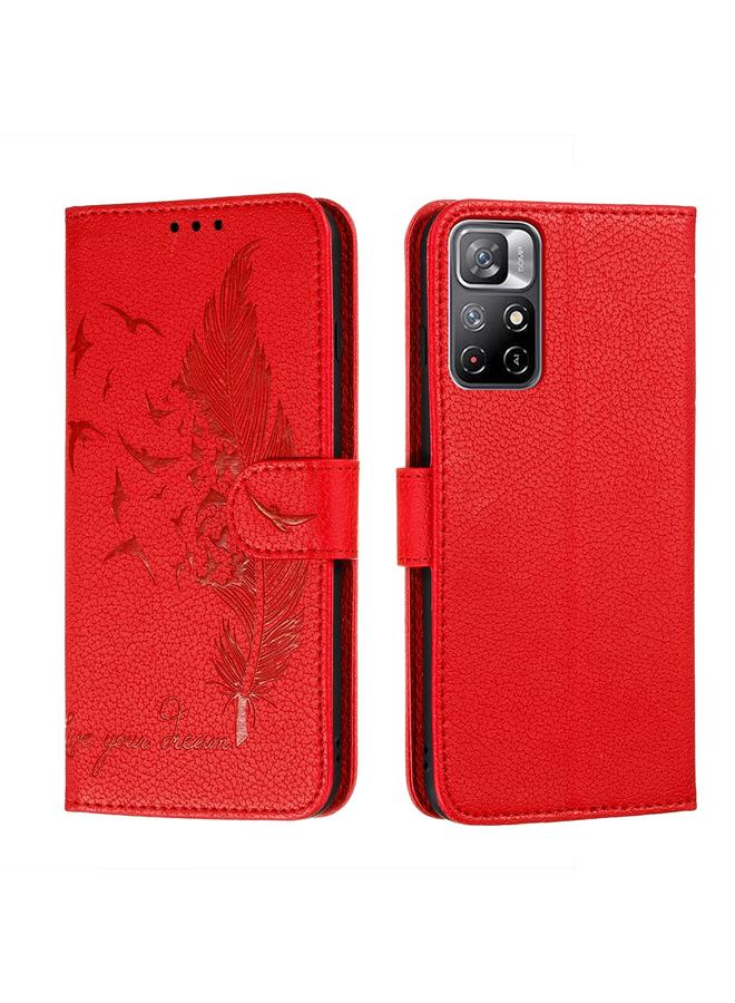 The Bros Case For Xiaomi Redmi Note 11 Feather Pattern Litchi Texture Leather Phone Case with Holder & Card Slots & Wallet
