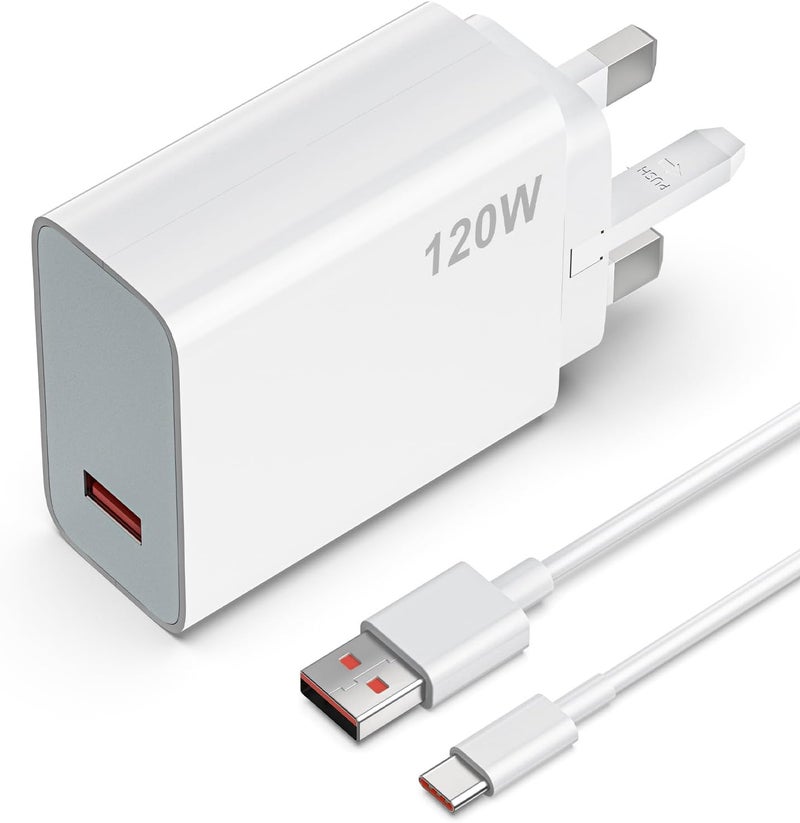 120W HyperCharge USB-C Charger Compatible with Xiaomi Mi 14T/14 Pro Mi 13T/13 Ultra/Pro Mi 12 Redmi Note 14/13/12 POCO X6/X5 Black Shark 4/5 – 6A USB-A to Type-C Cable Included - Image 1