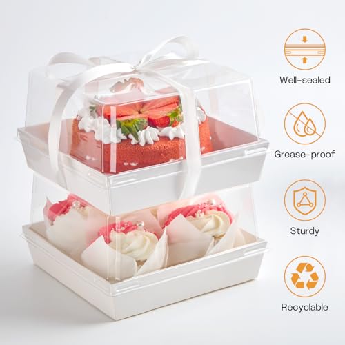 ZORRITA 7 x 7 x 4 Inches Paper Cake Boxes with Clear Lids, 20 Pack Disposable Charcuterie Boxes Square Food Containers for 4-6 Inch Cake, Dessert, Pie, Cupcake, Bakery (White) - Image 4