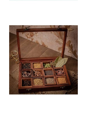 DELUX WOOD CARVER DELUX WOOD CARVER Wooden Handmade Spice Box With 12 Containers And A 1 Spoon Twelve Blends Masala Box Brown  - Image 2