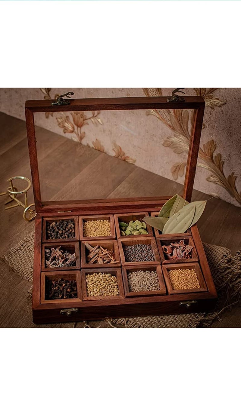 DELUX WOOD CARVER Wooden Handmade Spice Box With 12 Containers And A 1 Spoon Twelve Blends Masala Box Brown