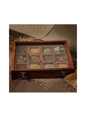 DELUX WOOD CARVER DELUX WOOD CARVER Wooden Handmade Spice Box With 12 Containers And A 1 Spoon Twelve Blends Masala Box Brown  - Image 4