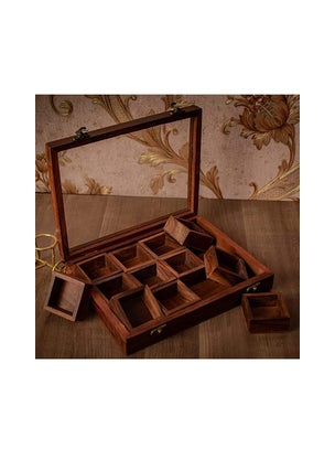 DELUX WOOD CARVER DELUX WOOD CARVER Wooden Handmade Spice Box With 12 Containers And A 1 Spoon Twelve Blends Masala Box Brown  - Image 3