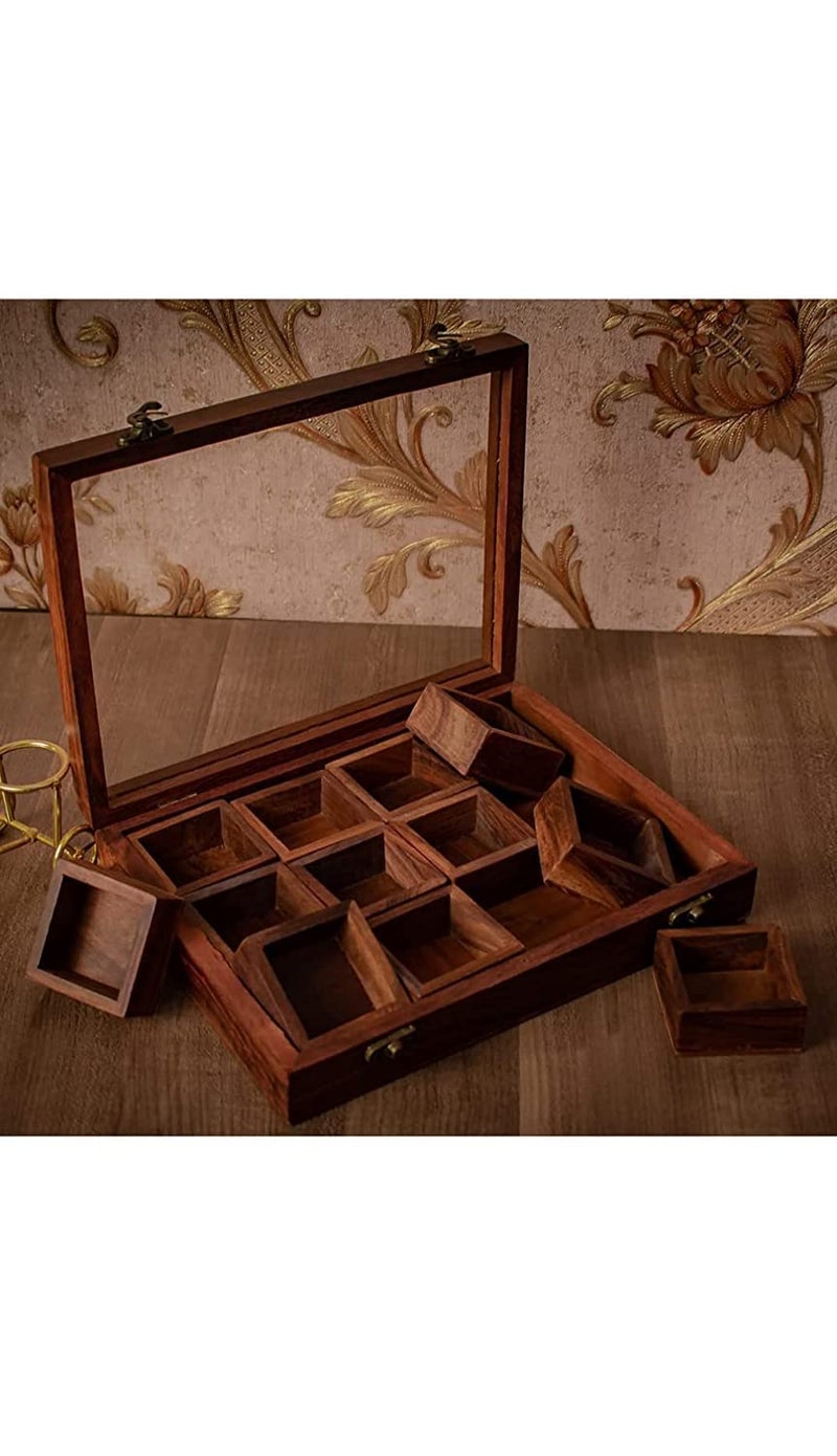 DELUX WOOD CARVER Wooden Handmade Spice Box With 12 Containers And A 1 Spoon Twelve Blends Masala Box Brown