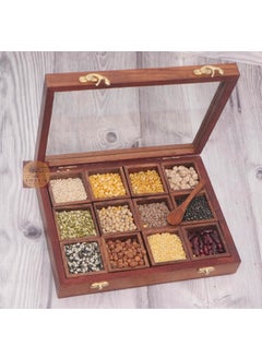 DELUX WOOD CARVER DELUX WOOD CARVER Wooden Handmade Spice Box With 12 Containers And A 1 Spoon Twelve Blends Masala Box Brown  - Image 1