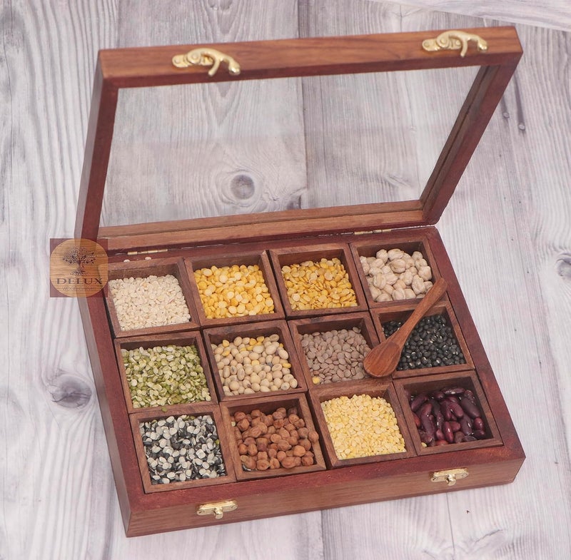 DELUX WOOD CARVER Wooden Handmade Spice Box With 12 Containers And A 1 Spoon Twelve Blends Masala Box Brown