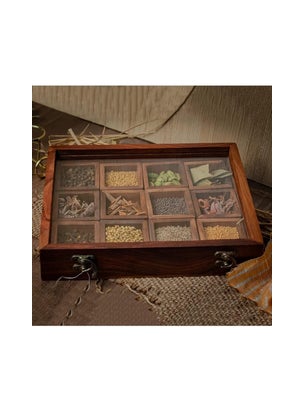 DELUX WOOD CARVER DELUX WOOD CARVER Wooden Handmade Spice Box With 12 Containers And A 1 Spoon Twelve Blends Masala Box Brown  - Image 5