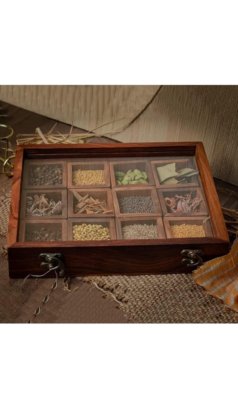 DELUX WOOD CARVER Wooden Handmade Spice Box With 12 Containers And A 1 Spoon Twelve Blends Masala Box Brown