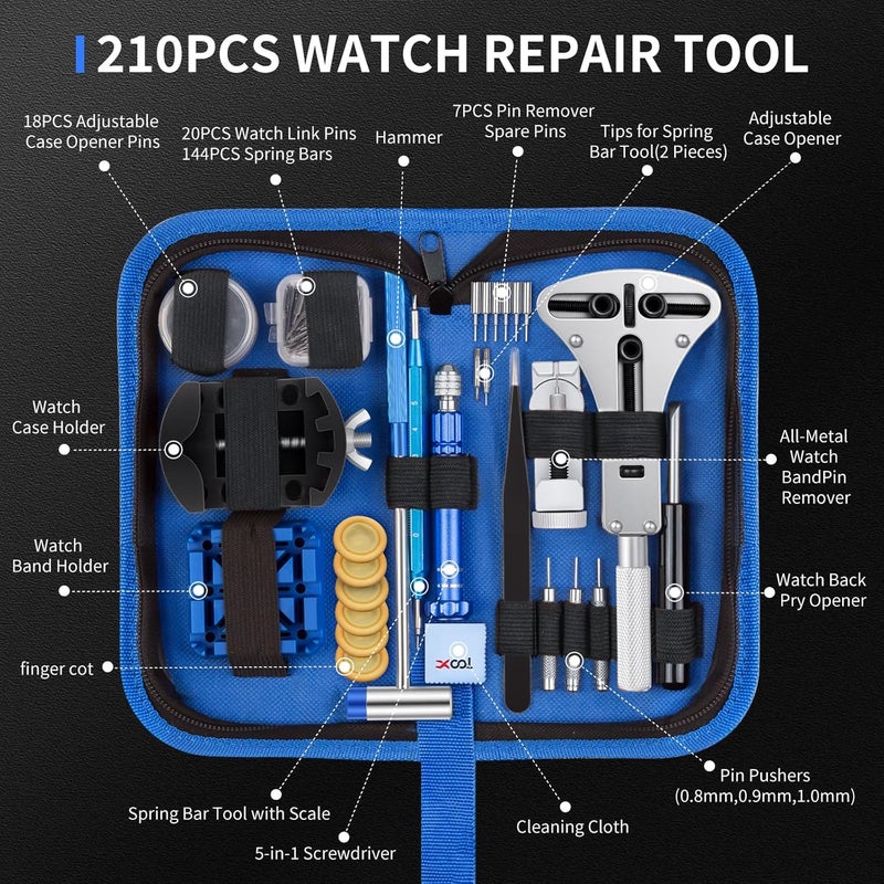 XOOL 210 PCS Watch Repair Kits, Including Watch Battery Change Kit, Watch Case Opener, Link Remover, Spring Bar Tools, Screwdrivers, and Portable Carrying Case with Instruction Manual - Image 2