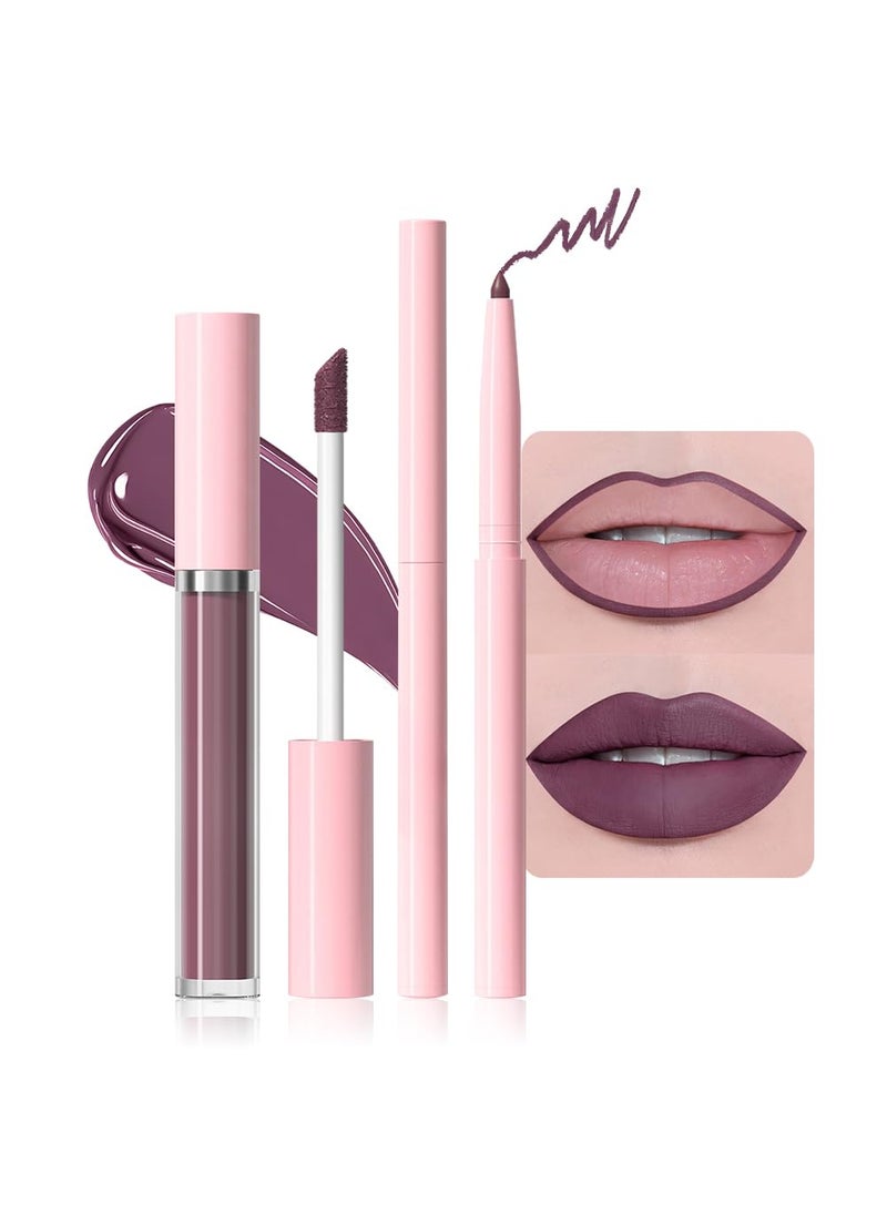 AMY'S DIARY AMY'S DIARY 2pcs Purple Lip Liner & Lipstick Makeup Set, Liquid Lipstick 24H and Lip Liner Set Matt Liquid Lips Make Up Waterproof Long Lasting (06#, 2 Pcs Set) 