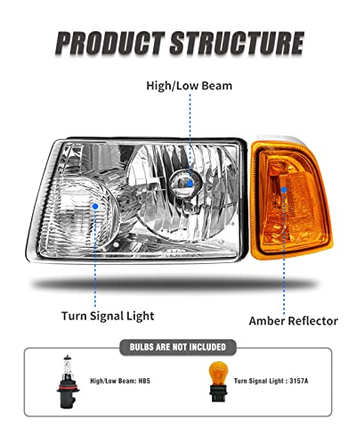 ADCARLIGHTS for 2001 2002 2003 2004 2005 2006 2007 2008 2009 2010 2011 Ford Ranger Headlight Assembly with Clear Lens Chrome Housing Amber Reflector Headlamp Replacement Left Right Pair - Image 3