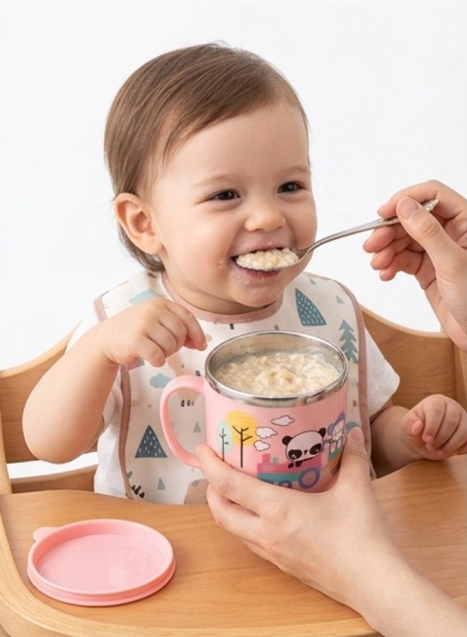 هابي هوم كوب حليب للأطفال بتصميم كرتوني مع ملعقة، كوب ستانلس ستيل 304 خالي من BPA مع غطاء ومقبض، عازل حراري مزدوج يحافظ على السخونة والبرودة، سعة 270 مل، كوب سفر للأطفال للحليب والعصائر والمشروبات الساخنة والباردة، هدية مثالية للأطفال (وردى) - Image 2