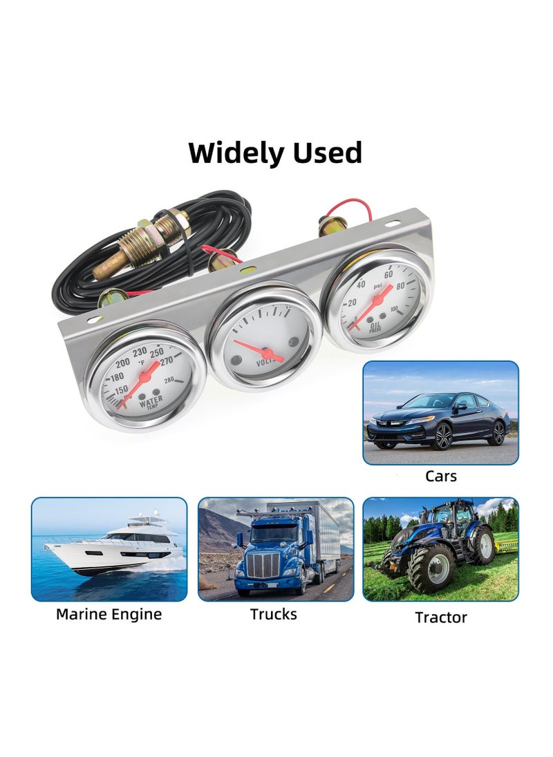 إسكدنيا Triple Gauge Kit, 52mm 2-inch Auto Meter with Volt, Water Temperature, Oil Pressure Gauges, LED Light, for Cars, Marine Vehicles, Tractors, Trucks - Image 5