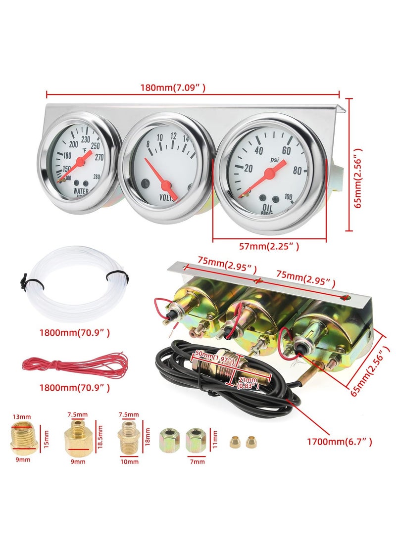 إسكدنيا Triple Gauge Kit, 52mm 2-inch Auto Meter with Volt, Water Temperature, Oil Pressure Gauges, LED Light, for Cars, Marine Vehicles, Tractors, Trucks - Image 3
