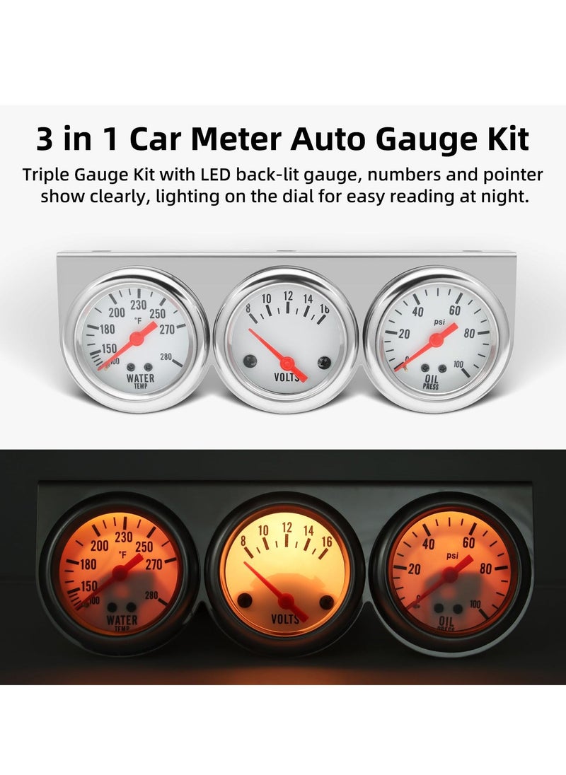 إسكدنيا Triple Gauge Kit, 52mm 2-inch Auto Meter with Volt, Water Temperature, Oil Pressure Gauges, LED Light, for Cars, Marine Vehicles, Tractors, Trucks - Image 4