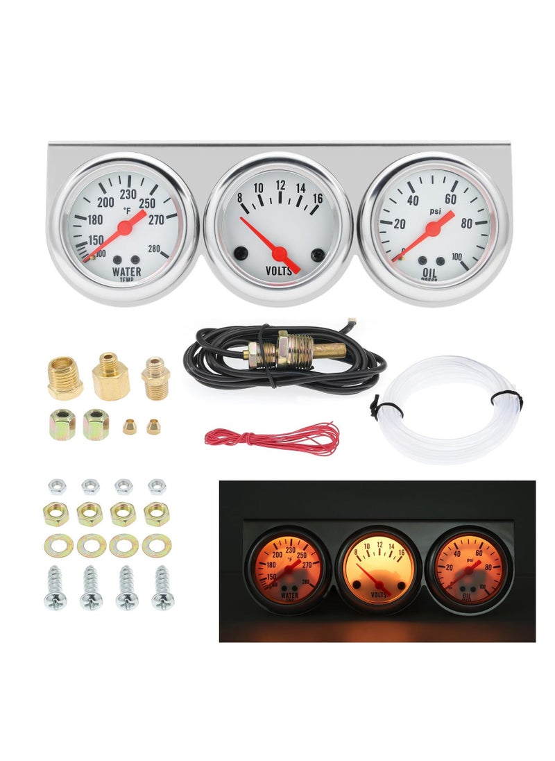 إسكدنيا Triple Gauge Kit, 52mm 2-inch Auto Meter with Volt, Water Temperature, Oil Pressure Gauges, LED Light, for Cars, Marine Vehicles, Tractors, Trucks - Image 1