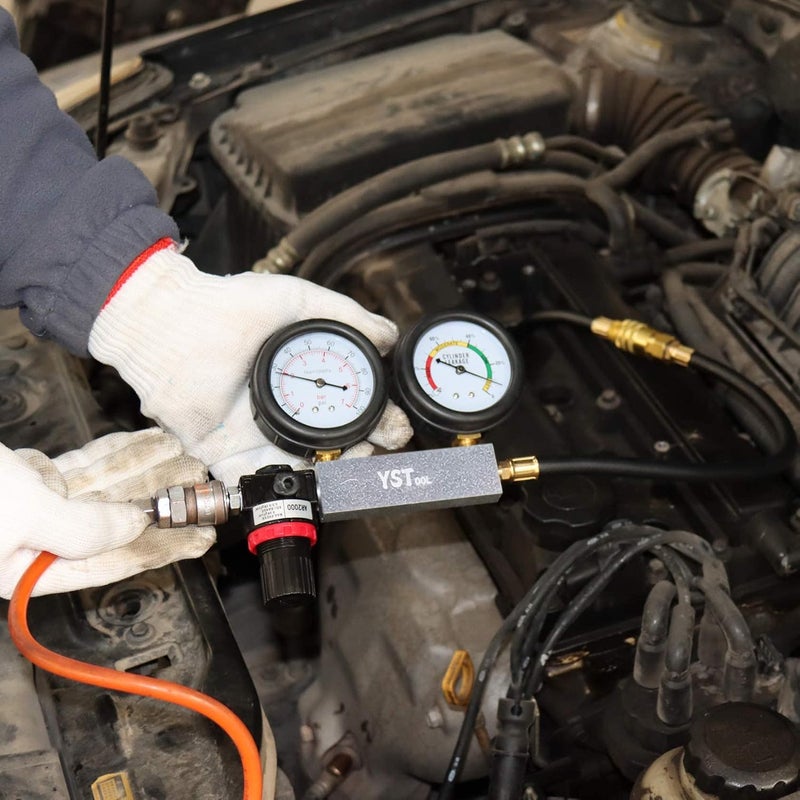 YSTOOL Cylinder Leak Down Tester Automotive Kit Gasoline Engine Compression Dual Gauge Leakdown Detector Tool Set for Pressure Check & Leakage Rate Test with Extension Rod Blue - Image 4