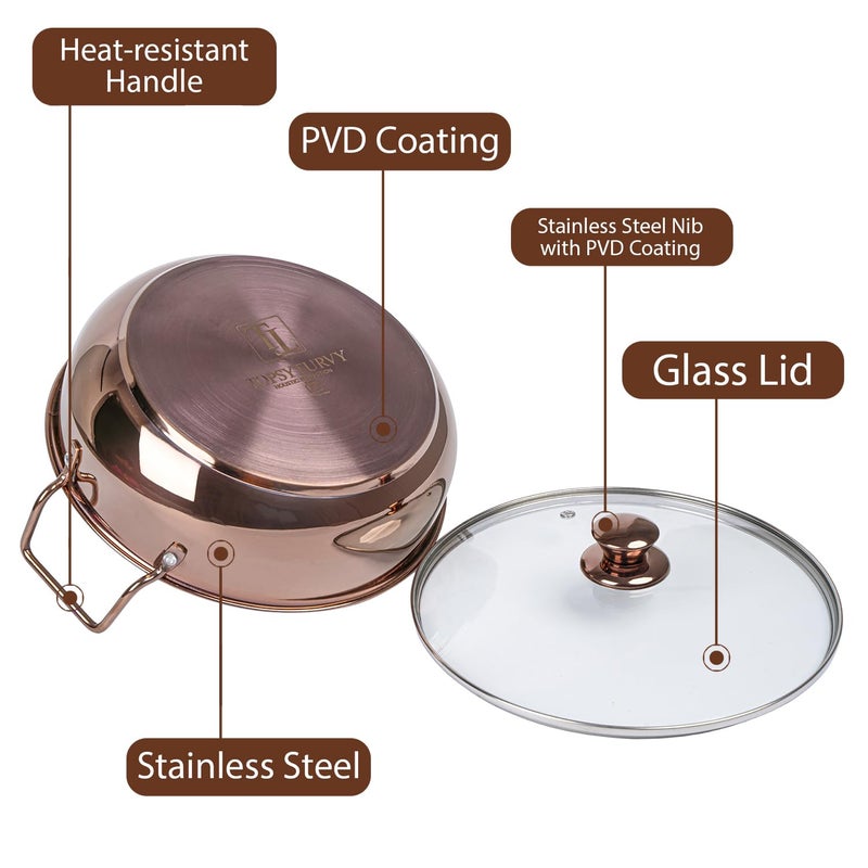 TOPSYTURVY قدر ستانلس ستيل نحاسي PVD مع غطاء زجاجي 24 سم متوافق مع الغاز induction قاع ثقيل متعدد الاستخدامات عمق 3 لتر SS نحاسي PVD - Image 2