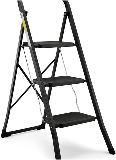 HBTower 3-Step Foldable Step Ladder with Non-Slip Pedals, Portable, Robust with Handrails, 150 kg Capacity, Perfect for Kitchen and Household Use, Black