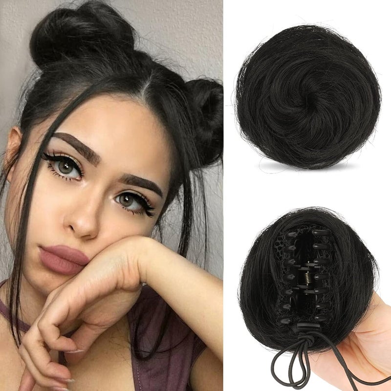 SOFEIYAN 2PCS Mini Claw Clip in Hair Bun Messy Cat Ears Hair Bun Extension Synthetic Donut Wig Accessory Updo Space Bun Hair Pieces for Women Girls Natural Black